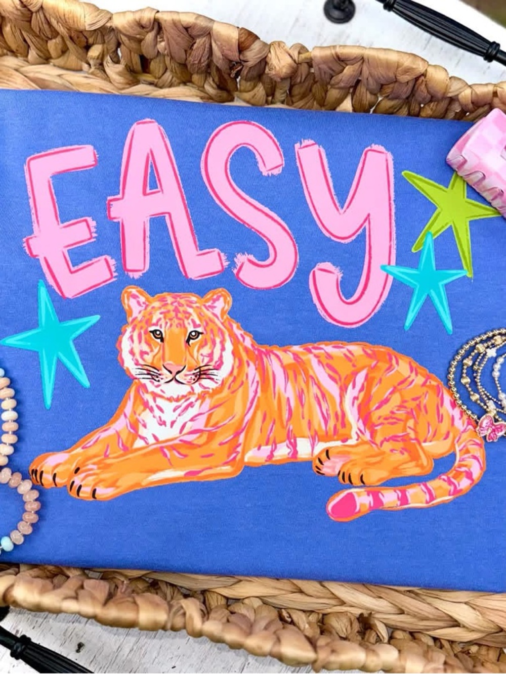 Easy Tiger Graphic Tshirt - Bright Blue with Pink & Orange Tiger
